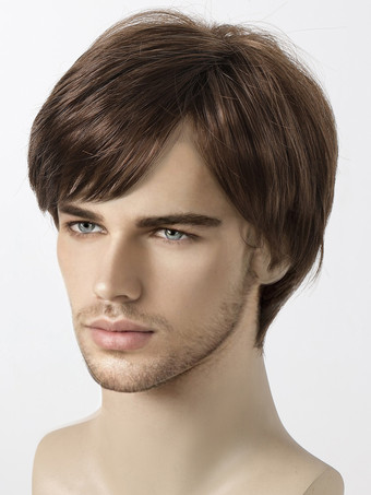 Perruque Pour Homme Brune Avec Frange Droite Courte Accessoire Naturelle Cosplay