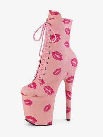 ピンク女性用セクシーブーツ ラウンドトゥ レースアップ キス スティレットヒール ポールダンス ピンク サイハイブーツ オーバーニーブーツ