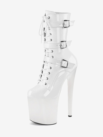 ホワイト セクシーなハイヒールブーツ ラウンドトゥ レースアップ スティレットヒール ポールダンス ブラック サイハイブーツ オーバーニーブーツ