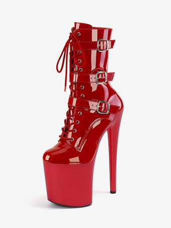 レッド セクシーなハイヒールブーツ ラウンドトゥ レースアップ スティレットヒール ポールダンス ブラック サイハイブーツ オーバーニーブーツ