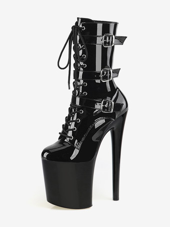 ブラック セクシーなハイヒールブーツ ラウンドトゥ レースアップ スティレットヒール ポールダンス ブラック サイハイブーツ オーバーニーブーツ