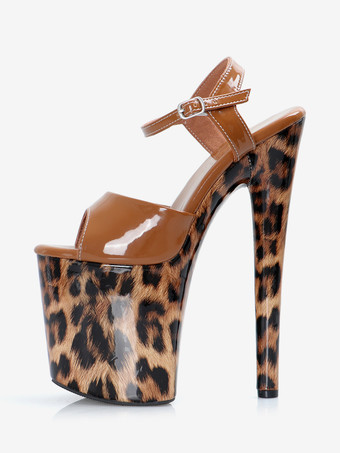 ヒョウ柄プラットフォームセクシーサンダル ピープトゥ バックルディテール ポールダンスシューズ