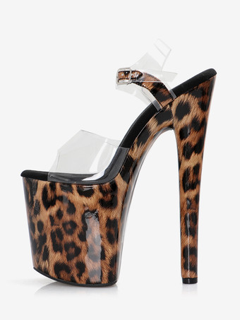 ヒョウ柄プラットフォームセクシーサンダル ピープトゥ バックルディテール ポールダンスシューズ
