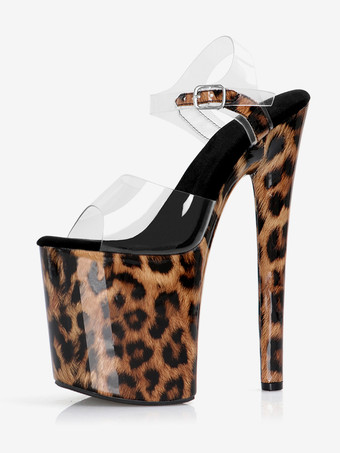 トランスペアレントヒョウ柄プラットフォームセクシーサンダル ピープトゥ バックルディテール ポールダンスシューズ