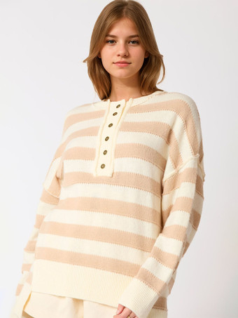 カーキ レディース プルオーバー セーター ライトスカイブルー ボタン ストライプ ジュエルネック 長袖 オーバーサイズ アクリル セーター