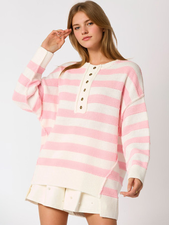 ピンク レディース プルオーバー セーター ライトスカイブルー ボタン ストライプ ジュエルネック 長袖 オーバーサイズ アクリル セーター