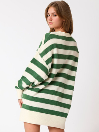 レディース プルオーバー セーター ライトスカイブルー ボタン ストライプ ジュエルネック 長袖 オーバーサイズ アクリル セーター