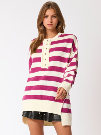 レディース プルオーバー セーター ライトスカイブルー ボタン ストライプ ジュエルネック 長袖 オーバーサイズ アクリル セーター