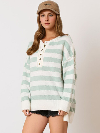 パステルブルーレディース プルオーバー セーター ライトスカイブルー ボタン ストライプ ジュエルネック 長袖 オーバーサイズ アクリル セーター