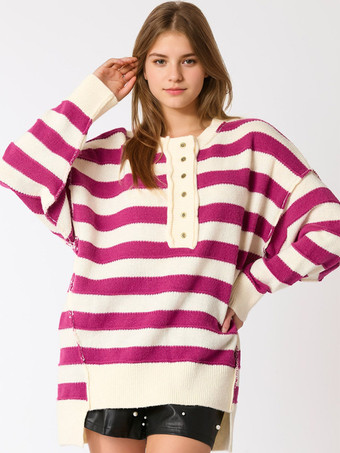 パープル レディース プルオーバー セーター ライトスカイブルー ボタン ストライプ ジュエルネック 長袖 オーバーサイズ アクリル セーター