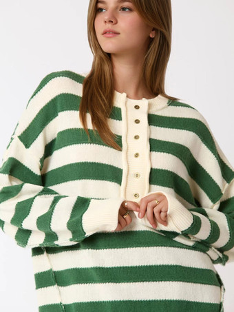 ダークグリーンレディース プルオーバー セーター ライトスカイブルー ボタン ストライプ ジュエルネック 長袖 オーバーサイズ アクリル セーター