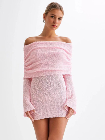 ピンク ニットドレス モダン アクリル ロングスリーブ バトーネック