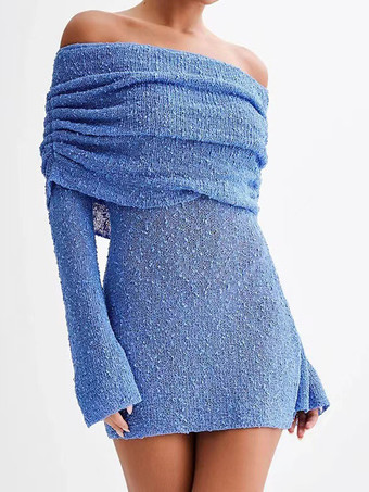 ブルー ニットドレス モダン アクリル ロングスリーブ バトーネック