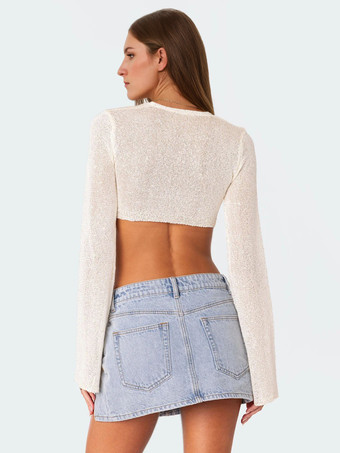 Women Crop Top White Acrylic Lace Up V-Neck Long Sleeves Sexy Tops