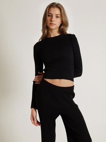 ブラック レディース プルオーバー ブラック ジュエルネック 長袖 アクリル セーター