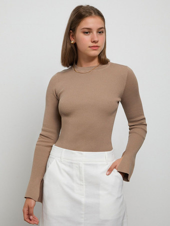 カーキ レディース プルオーバー ブラック ジュエルネック 長袖 アクリル セーター