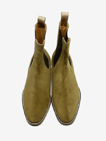 メンズブーツ チェルシー オリーブ スエードレザー ポインテッドトゥ アンクル プロムブーツ