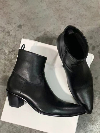 ブラック メンズ チェルシーブーツ シルバー ポインテッドトゥ アンクル プロム ウェディングブーツ