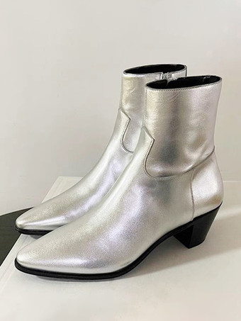 シルバー メンズ チェルシーブーツ シルバー ポインテッドトゥ アンクル プロム ウェディングブーツ