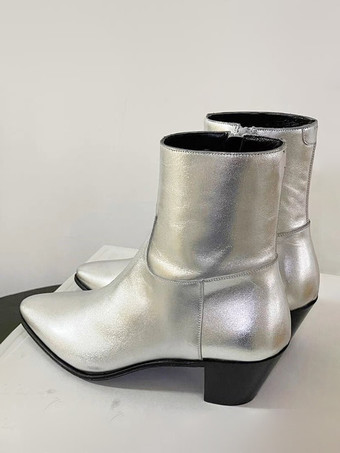 メンズ チェルシーブーツ シルバー ポインテッドトゥ アンクル プロム ウェディングブーツ