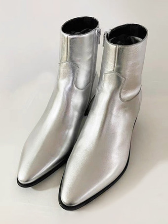 メンズ チェルシーブーツ シルバー ポインテッドトゥ アンクル プロム ウェディングブーツ