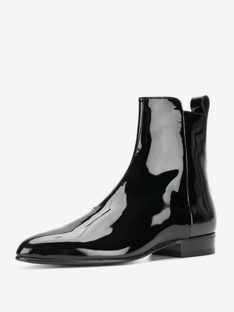 メンズ パテントブーツ ポインテッドトゥ ローヒール アンクルブーツ ブラック ジッパー プロムブーツ