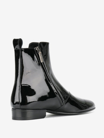 メンズ パテントブーツ ポインテッドトゥ ローヒール アンクルブーツ ブラック ジッパー プロムブーツ