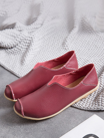 Burgundy Black Casual Shoes For Women Round Toe Slip On Flat Shoes
