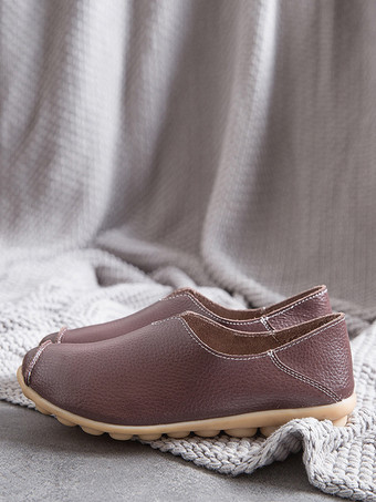 Coffee BrownBlack Casual Shoes For Women Round Toe Slip On Flat Shoes