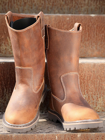 メンズ スリッポンブーツ 牛革 カジュアル コーヒーブラウン ミッドカーフブーツ