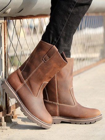 メンズ スリッポンブーツ 牛革 カジュアル コーヒーブラウン ミッドカーフブーツ