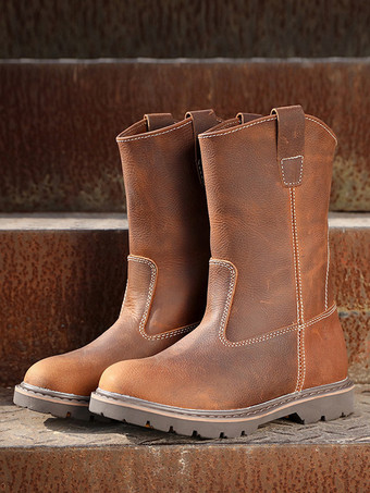 メンズ スリッポンブーツ 牛革 カジュアル コーヒーブラウン ミッドカーフブーツ