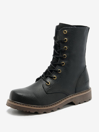 ブラック メンズ ワークブーツ 牛革 カジュアル タン レースアップ ミッドカーフブーツ