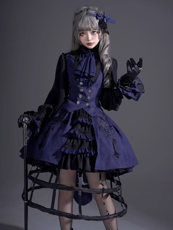 ロリータ スペシャル ロリータ トップ ベスト コスチューム ゴシック ブルー ノースリーブ ボタン ジャカード