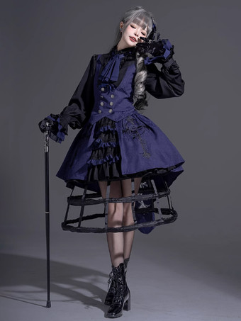 ロリータ スペシャル ロリータ トップ ベスト コスチューム ゴシック ブルー ノースリーブ ボタン ジャカード