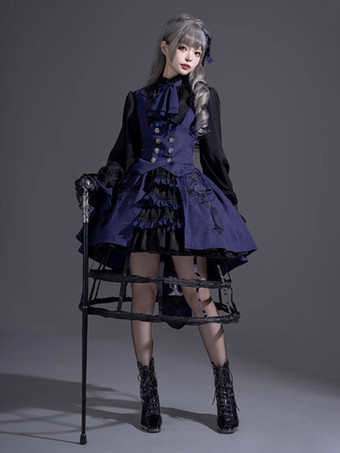 ロリータ スペシャル ロリータ トップ ベスト コスチューム ゴシック ブルー ノースリーブ ボタン ジャカード