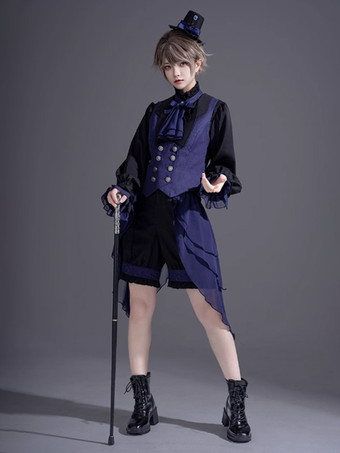 ロリータ スペシャル ロリータ トップ ベスト コスチューム ゴシック ブルー ノースリーブ ボタン ジャカード