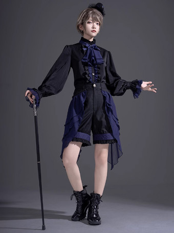 ゴシックロリータブルマーブラックフリルストレートロリータショーツ