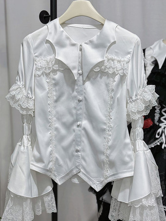 ゴシックロリータブラウス レースアップ フリル 半袖ブラウス ロリータトップ ホワイトロリータシャツ