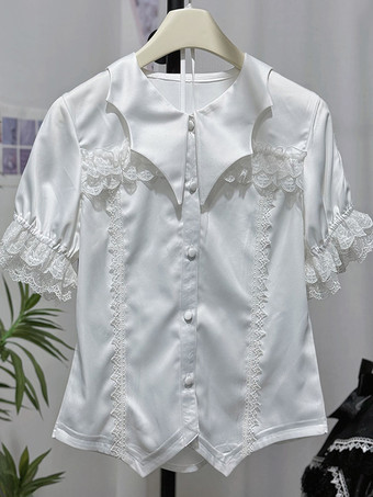 ゴシックロリータブラウス レースアップ フリル 半袖ブラウス ロリータトップ ホワイトロリータシャツ