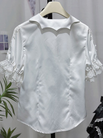 ゴシックロリータブラウス レースアップ フリル 半袖ブラウス ロリータトップ ホワイトロリータシャツ