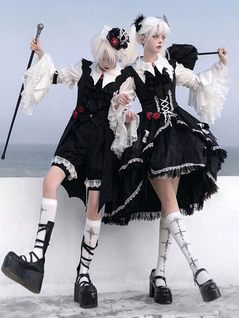 ゴシックロリータブルマーフリルストレートブラックロリータショーツ