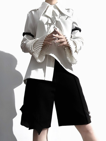 ホワイト ゴシックロリータブラウス ブルー 長袖 ロリータトップ ロリータシャツ