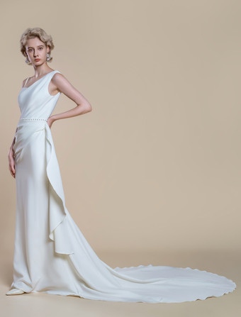 シンプルなウェディングドレス マーメイドデザイン ネックライン ノースリーブ パール 60cm ブライダルドレス