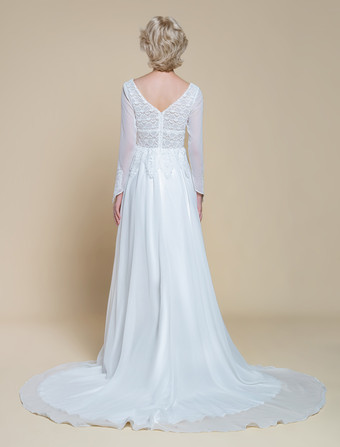 ボヘミアンウェディングドレス ポリエステル レース Aライン トレーン付き エンパイアウエスト ジッパー 長袖 Vネック アイボリー