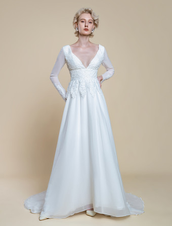 ボヘミアンウェディングドレス ポリエステル レース Aライン トレーン付き エンパイアウエスト ジッパー 長袖 Vネック アイボリー