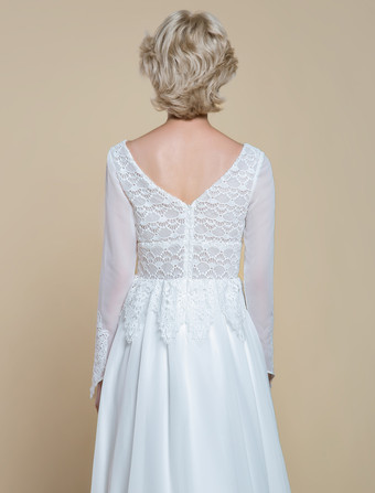 ボヘミアンウェディングドレス ポリエステル レース Aライン トレーン付き エンパイアウエスト ジッパー 長袖 Vネック アイボリー