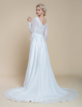 ボヘミアンウェディングドレス ポリエステル レース Aライン トレーン付き エンパイアウエスト ジッパー 長袖 Vネック アイボリー