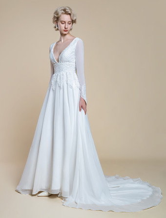 ボヘミアンウェディングドレス ポリエステル レース Aライン トレーン付き エンパイアウエスト ジッパー 長袖 Vネック アイボリー