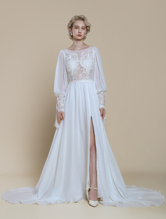 ボヘミアンウェディングドレス レース カットアウト Aライン トレーン付き ナチュラルウエスト バックレス ロングスリーブ ジュエルネック アイボリー